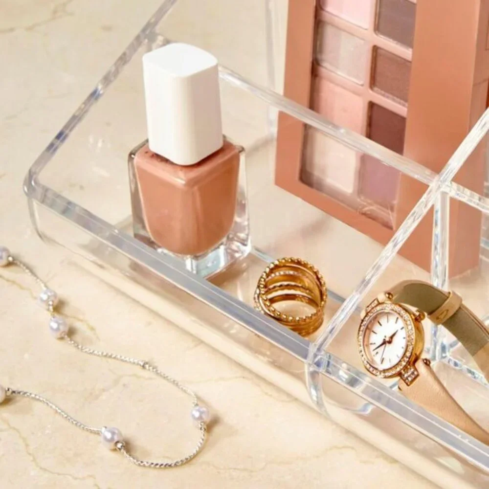 Clear Plastic Makeup Organizer, 6-Compartment Vanity Holder with Curved Front